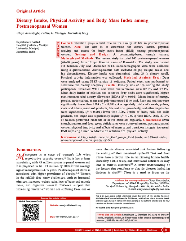 (PDF) Dietary Intake, Physical Activity and Body Mass Index among ...