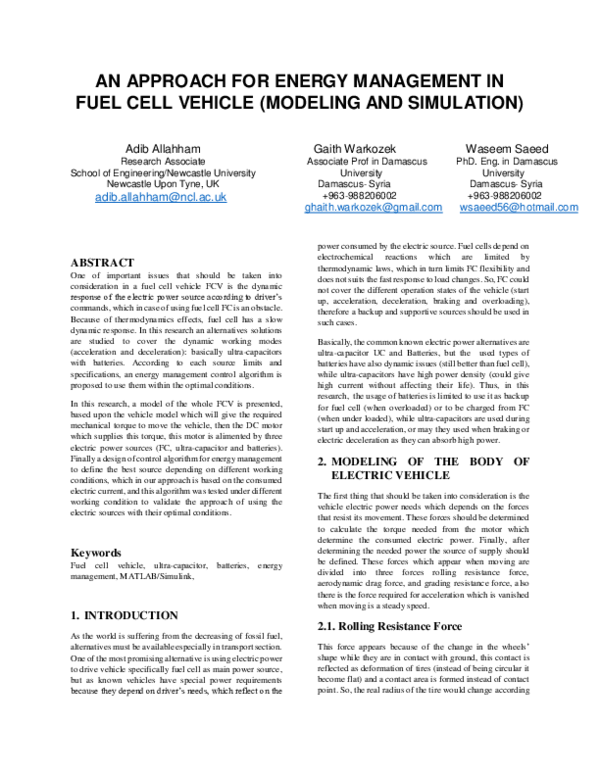 (PDF) An Approach for Energy Management in Fuel Cell Vehicle (Modeling ...