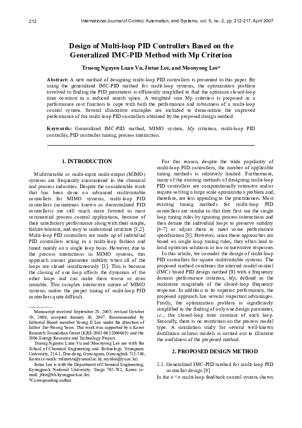 (PDF) Design of multi-loop PID controllers based on the generalized IMC ...
