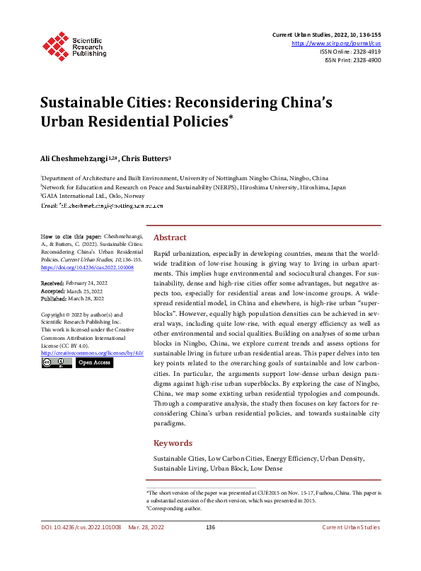 (PDF) Sustainable Cities: Reconsidering China’s Urban Residential Policies