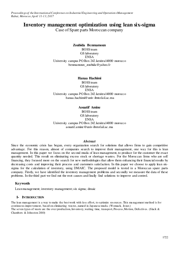 (PDF) Inventory management optimization using lean six-sigma Case of ...