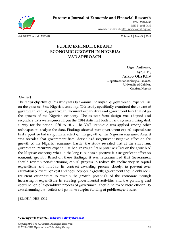 (PDF) Public Expenditure and Economic Growth in Nigeria: Var Approach