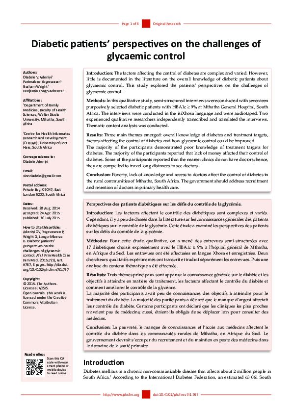(PDF) Diabetic patients’ perspectives on the challenges of glycaemic ...