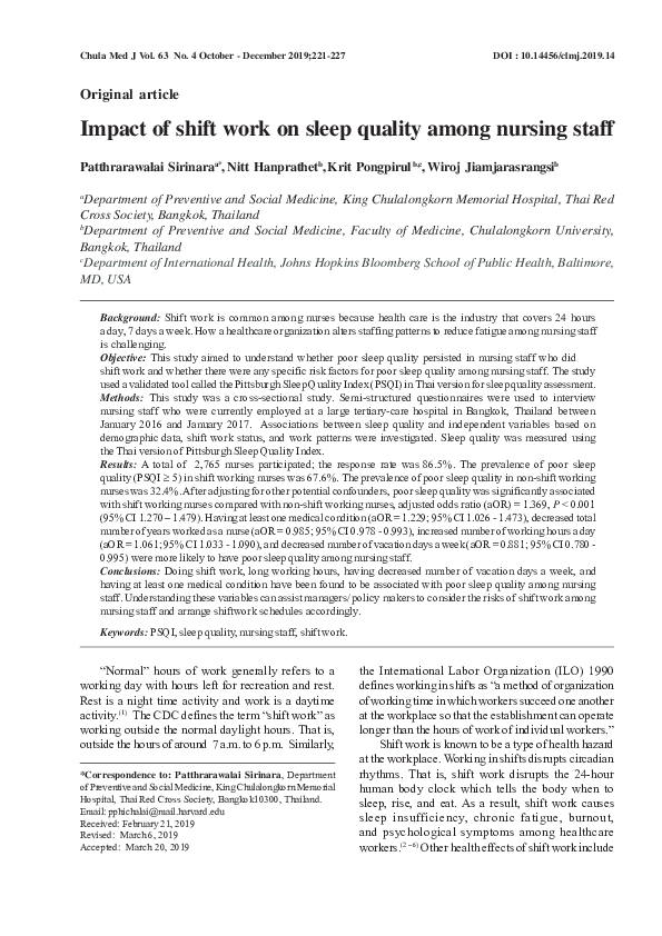 (PDF) Impact of shift work on sleep quality among nursing staff