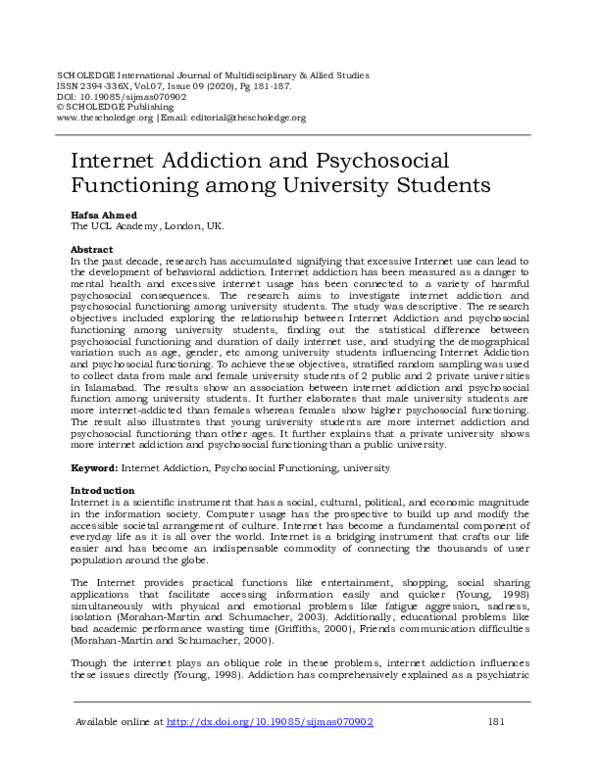 (PDF) Internet Addiction and Psychosocial Functioning among University ...