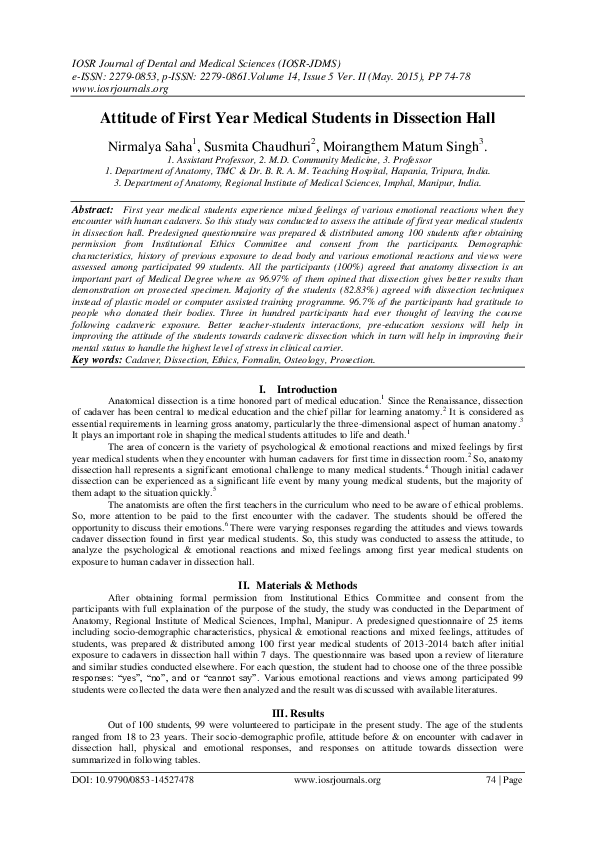 (PDF) Attitude of first year medical students in dissection hall