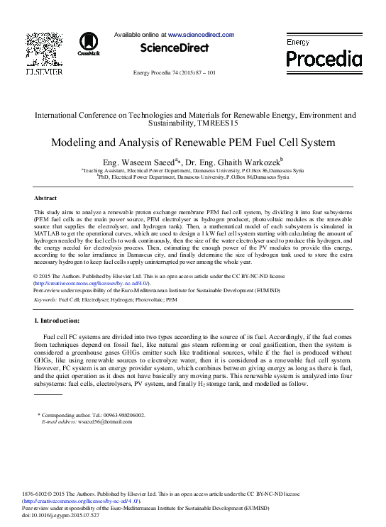 (PDF) Modeling and Analysis of Renewable PEM Fuel Cell System