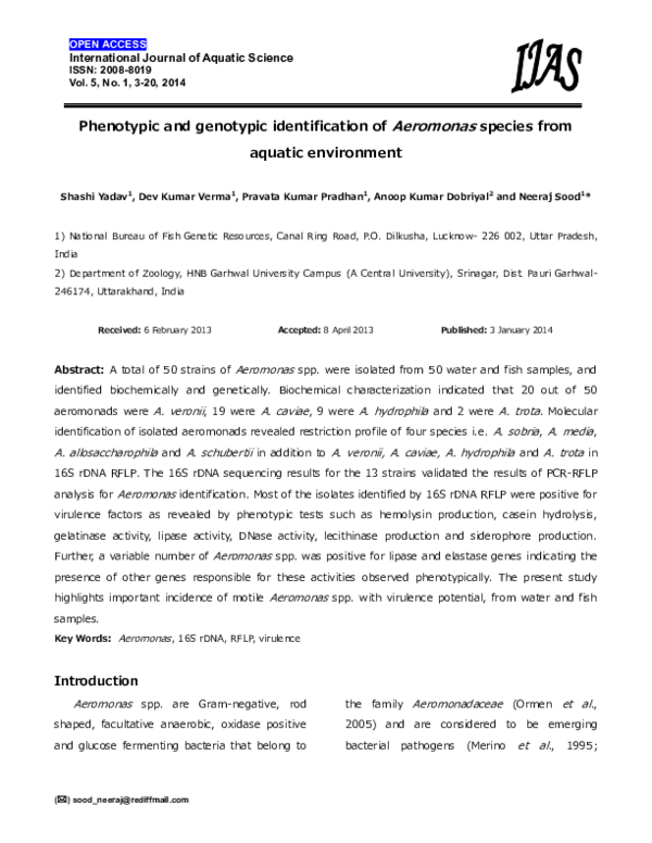 (PDF) Phenotypic and genotypic identification of Aeromonas species from ...