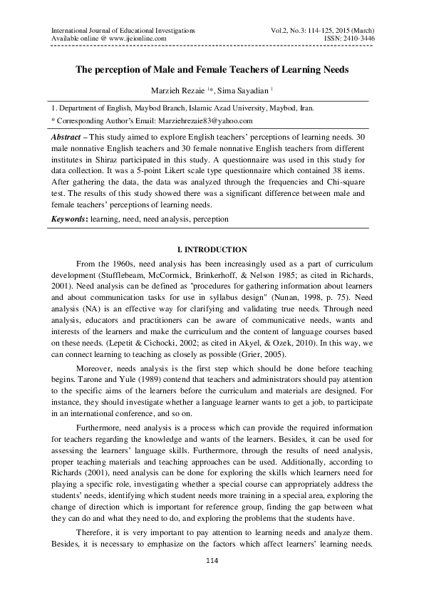 (PDF) The perception of Male and Female Teachers of Learning Needs