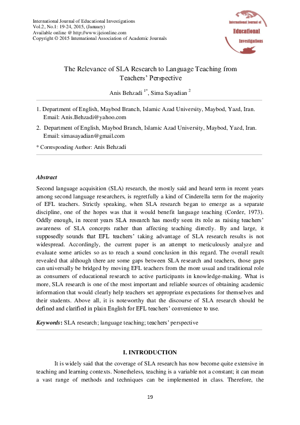 (PDF) The Relevance of SLA Research to Language Teaching from Teachers ...