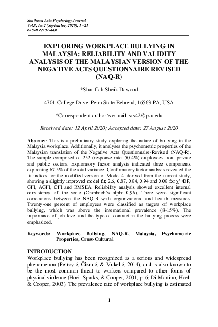  PDF Exploring Workplace Bullying In Malaysia Reliability And 