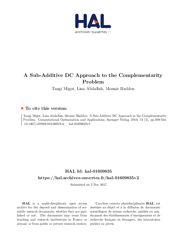(PDF) A sub-additive DC approach to the complementarity problem