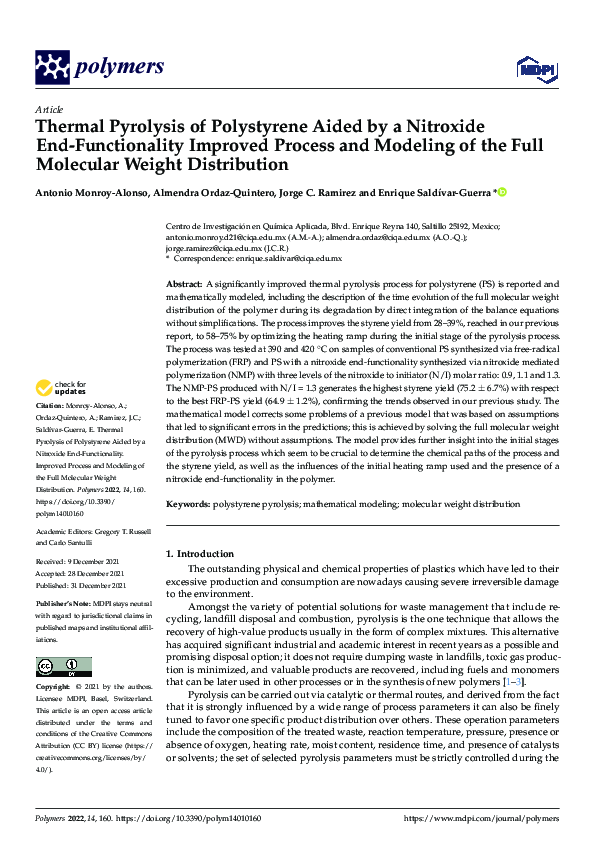 (PDF) Thermal Pyrolysis of Polystyrene Aided by a Nitroxide End ...