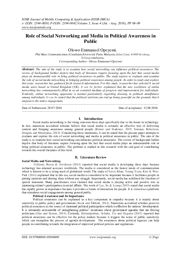 (PDF) Role of Social Networking and Media in Political Awareness in Public