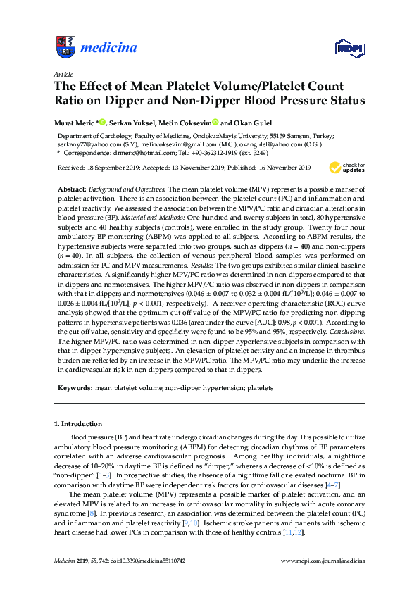 (PDF) The Effect of Mean Platelet Volume/Platelet Count Ratio on Dipper ...