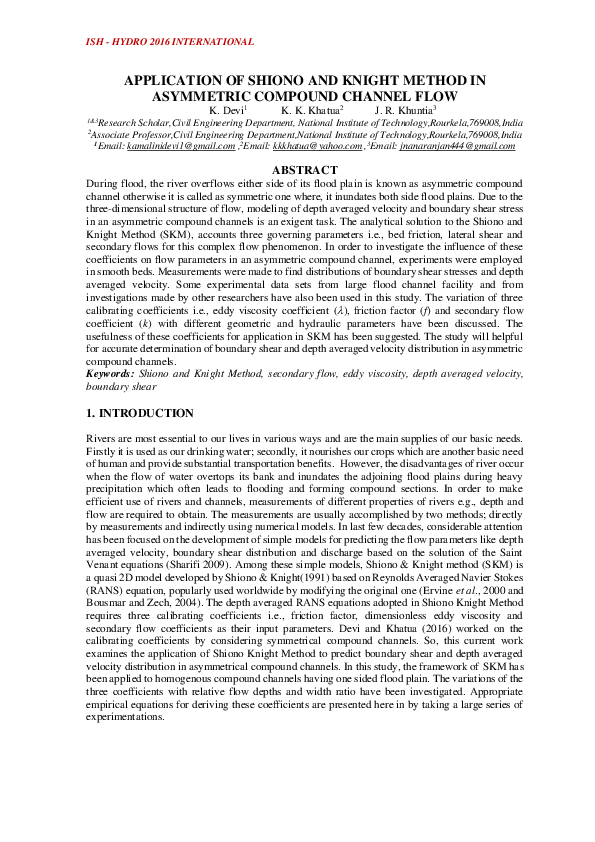 (PDF) Application of Shiono and Knight Method in Asymmetric Compound ...