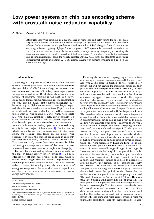 (PDF) Low power system on chip bus encoding scheme with crosstalk noise ...