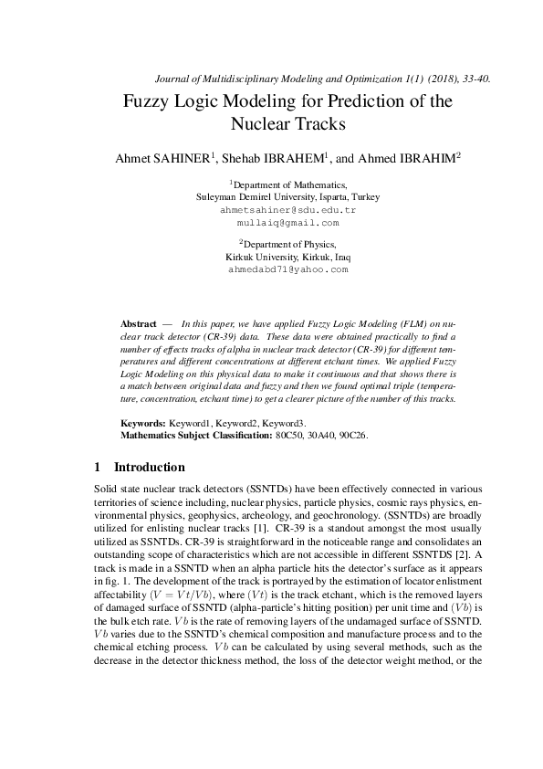 (PDF) Fuzzy Logic Modeling for Prediction of the Nuclear Tracks