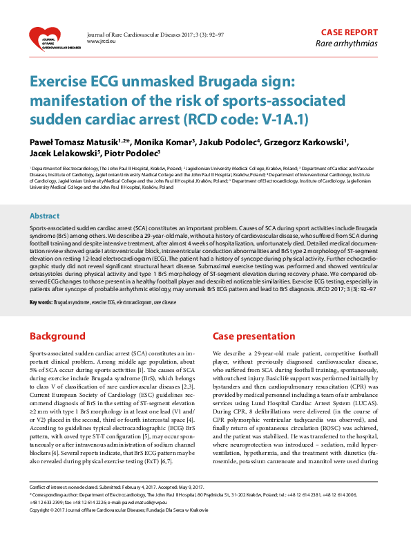 (PDF) Exercise ECG unmasked Brugada sign: manifestation of the risk of ...