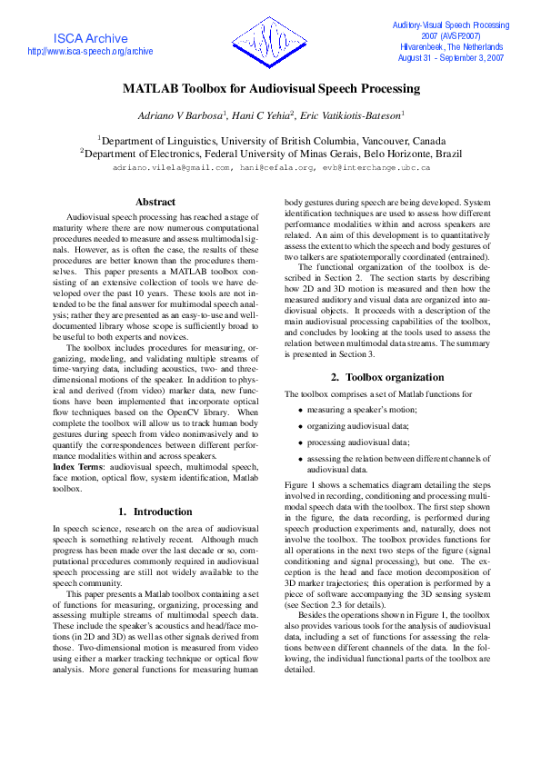 (PDF) Matlab toolbox for audiovisual speech processing