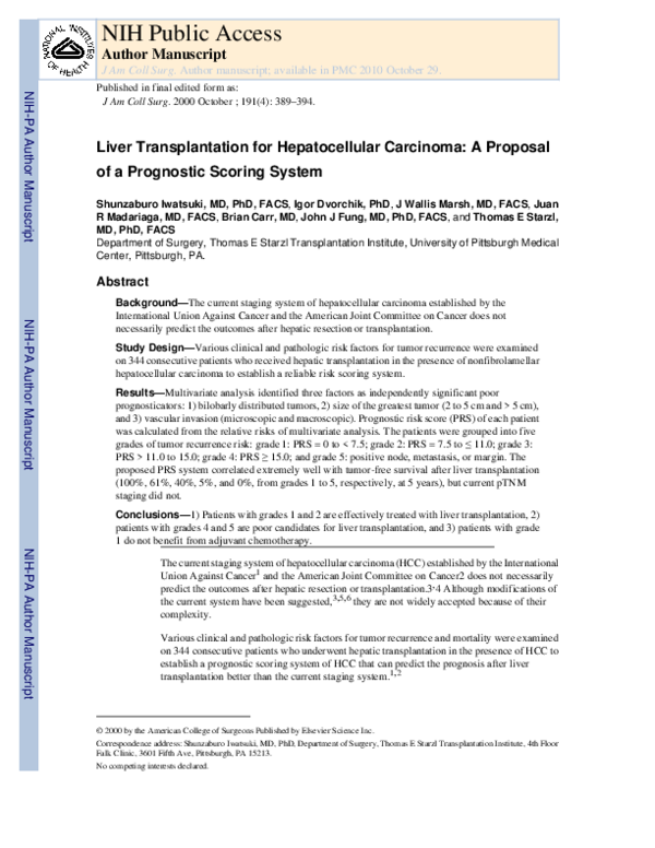 (PDF) Liver transplantation for hepatocellular carcinoma: a proposal of ...