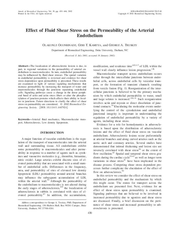 (PDF) Effect of Fluid Shear Stress on the Permeability of the Arterial ...