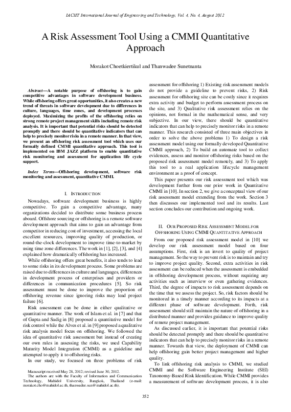 (PDF) A Risk Assessment Tool Using a CMMI Quantitative Approach
