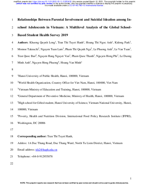 (PDF) Relationships Between Parental Involvement and Suicidal Ideation ...