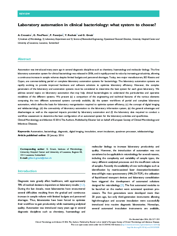 (PDF) Laboratory automation in clinical bacteriology what system to