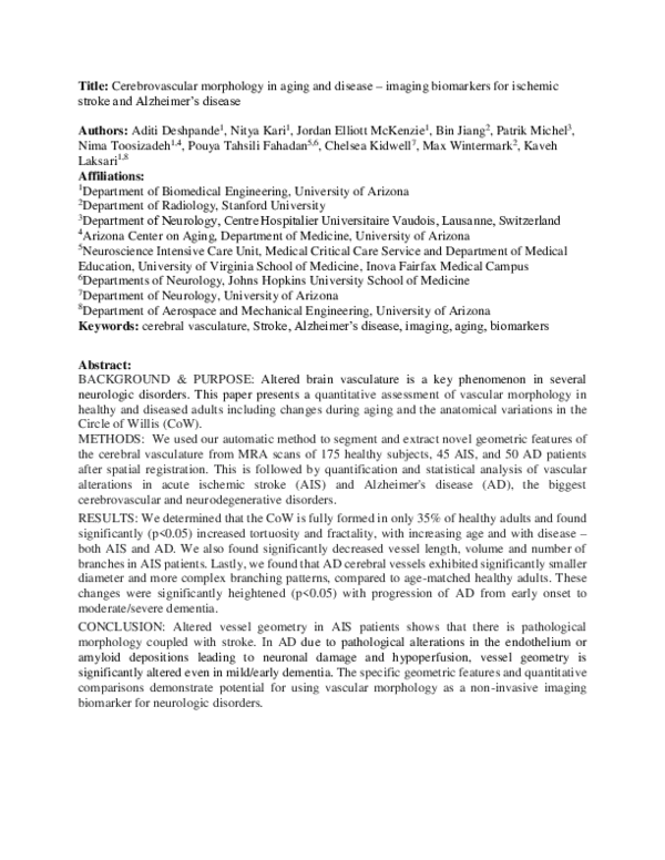 (PDF) Cerebrovascular morphology in aging and disease -- imaging ...