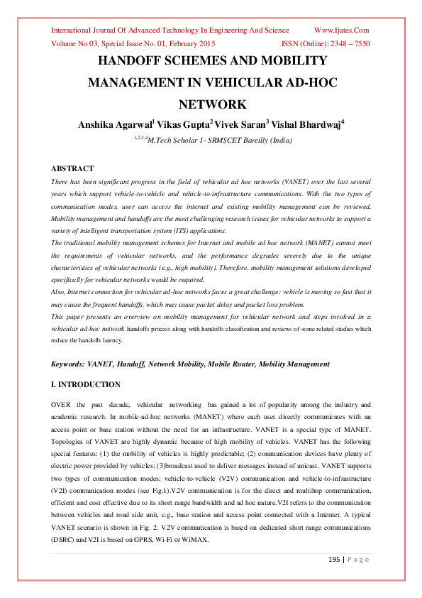 (PDF) Handoff Schemes and Mobility Management in Vehicular Ad-Hoc Network
