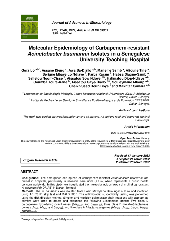 (PDF) Molecular Epidemiology of Carbapenem-resistant Acinetobacter ...