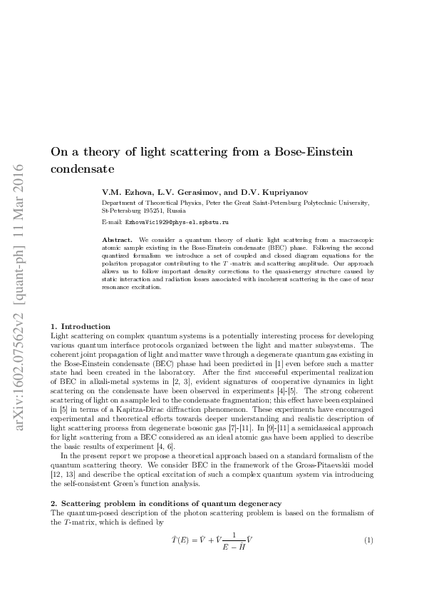 (PDF) On a theory of light scattering from a Bose-Einstein condensate