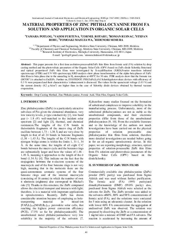 (PDF) in Material Properties of Zinc Phthalocyanine from FA Solution and Application in Organic