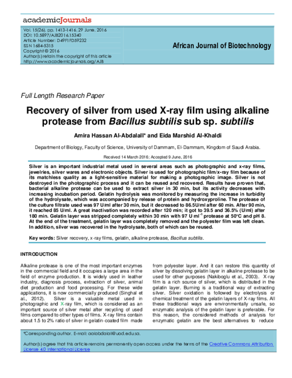 (PDF) Recovery of silver from used X-ray film using alkaline protease ...