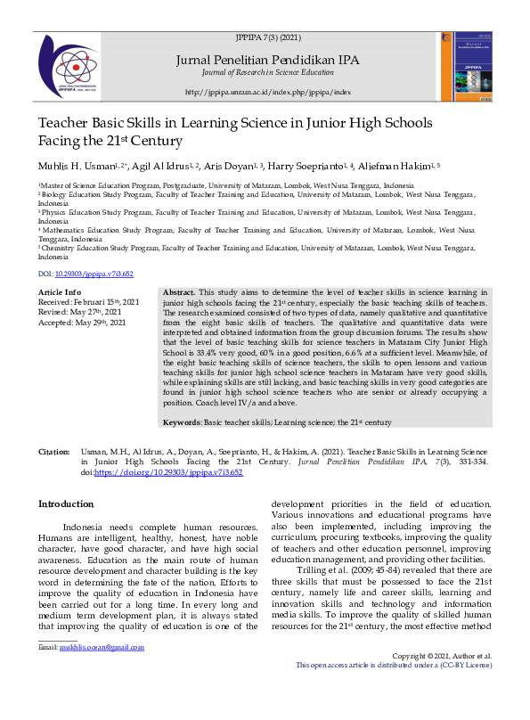 (PDF) Teacher Basic Skills in Learning Science in Junior High Schools