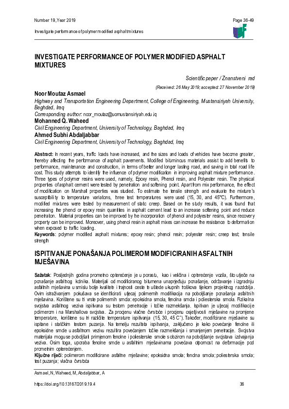 (PDF) Investigate Performance of Polymer Modified Asphalt Mixtures