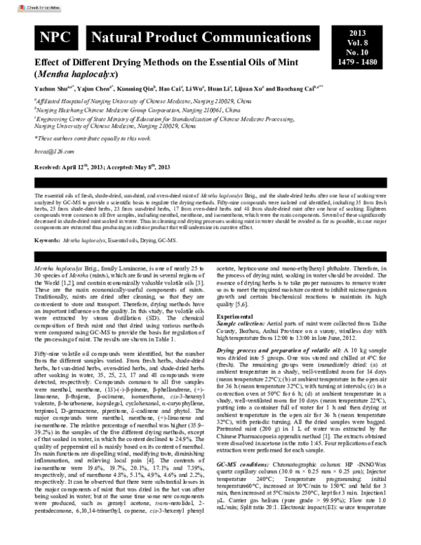(PDF) Effect of different drying methods on the essential oil yield ...