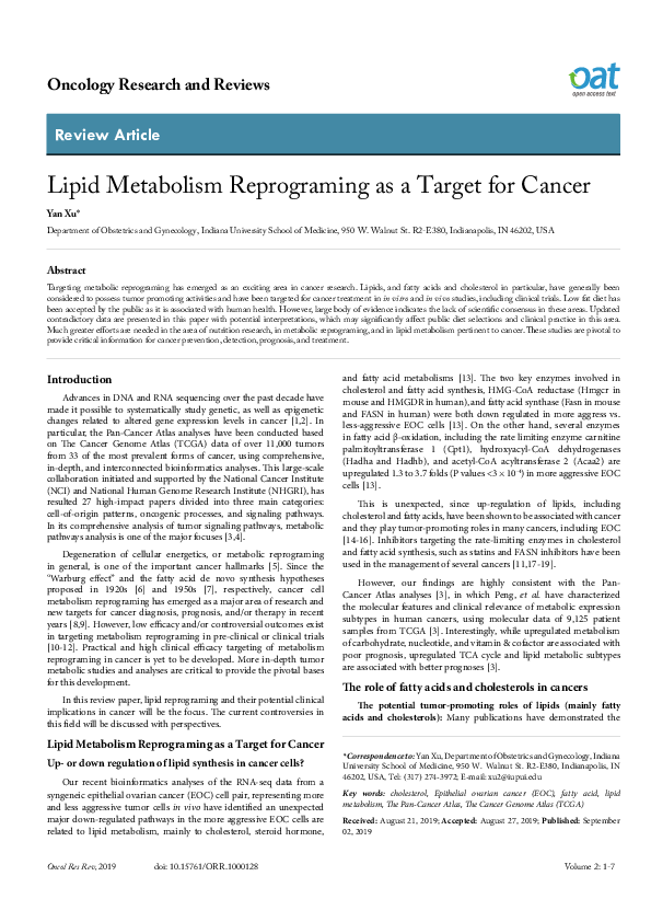 (PDF) Lipid metabolism and cancer progression: The missing target in ...
