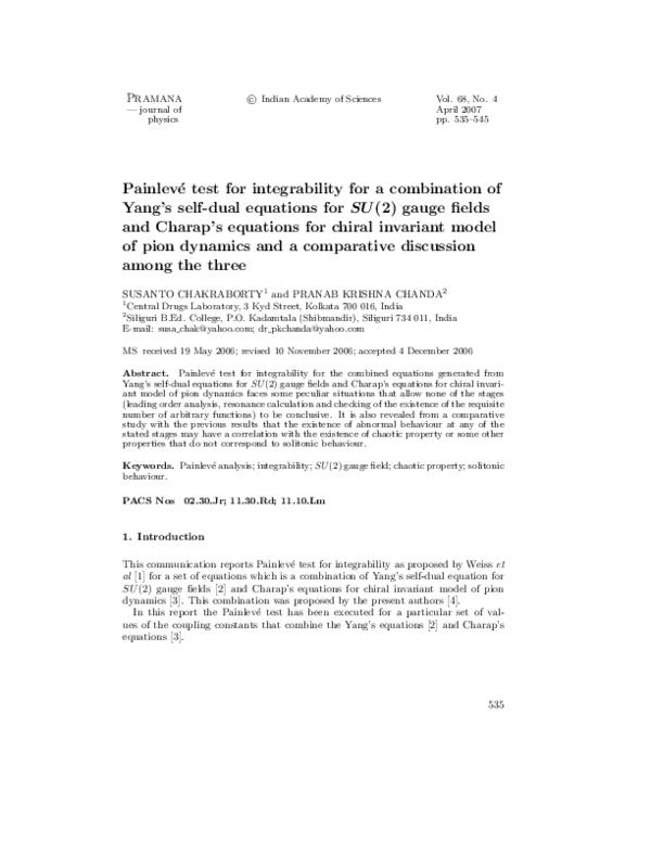 (PDF) Painlevé test for integrability for a combination of Yang’s self ...