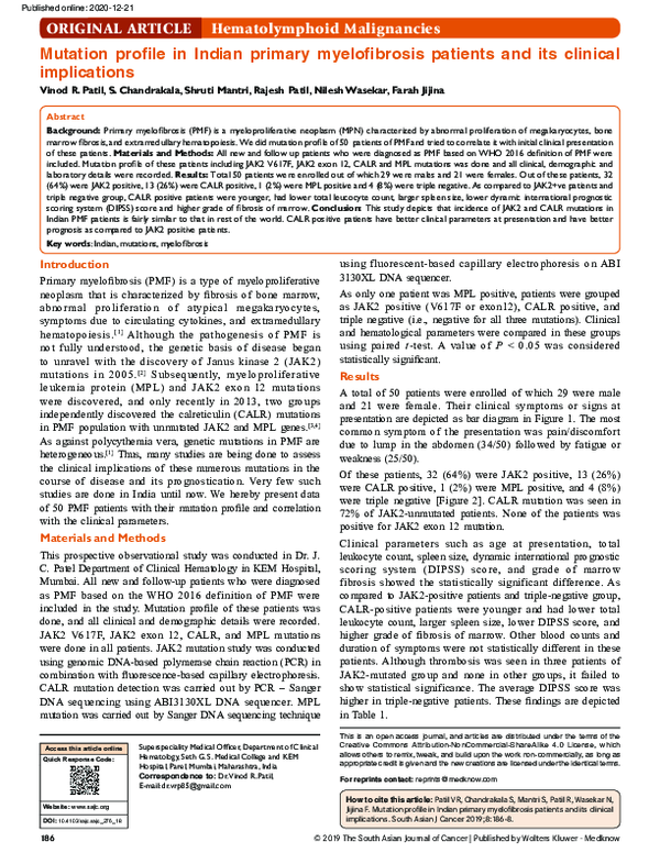 (PDF) Mutation profile in Indian primary myelofibrosis patients and its ...
