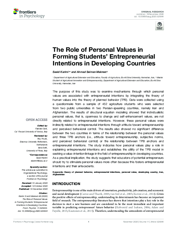 (PDF) The Role of Personal Values in Forming Students’ Entrepreneurial ...