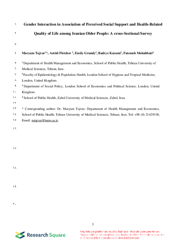(PDF) Gender Interaction in Association of Perceived Social Support and ...