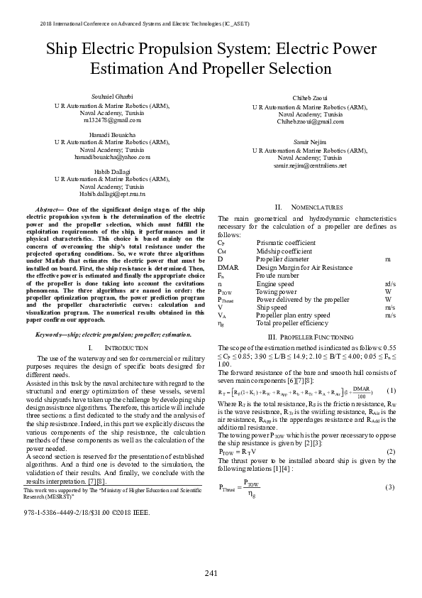 (PDF) Ship electric propulsion system: Electric power estimation and ...