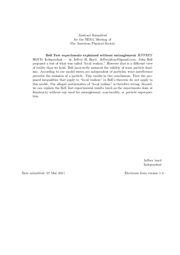 (PDF) Bell Test experiments explained without entanglement Jeffrey