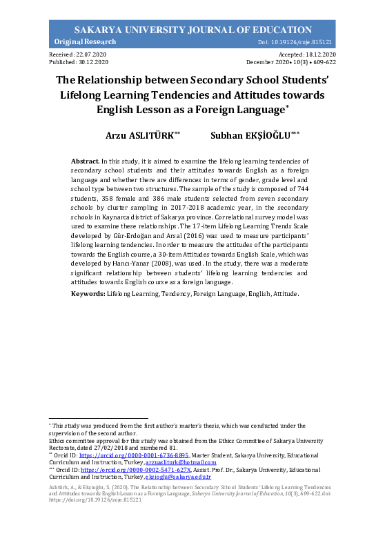 (PDF) The Relationship between Secondary School Students’ Lifelong ...