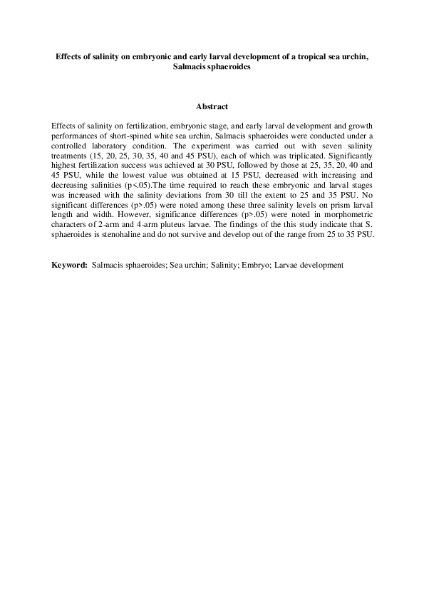 (PDF) Effects of Salinity on Embryonic and Early Larval Development of ...