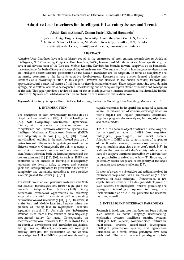 (PDF) Adaptive user interfaces for intelligent e-Learning: issues and ...