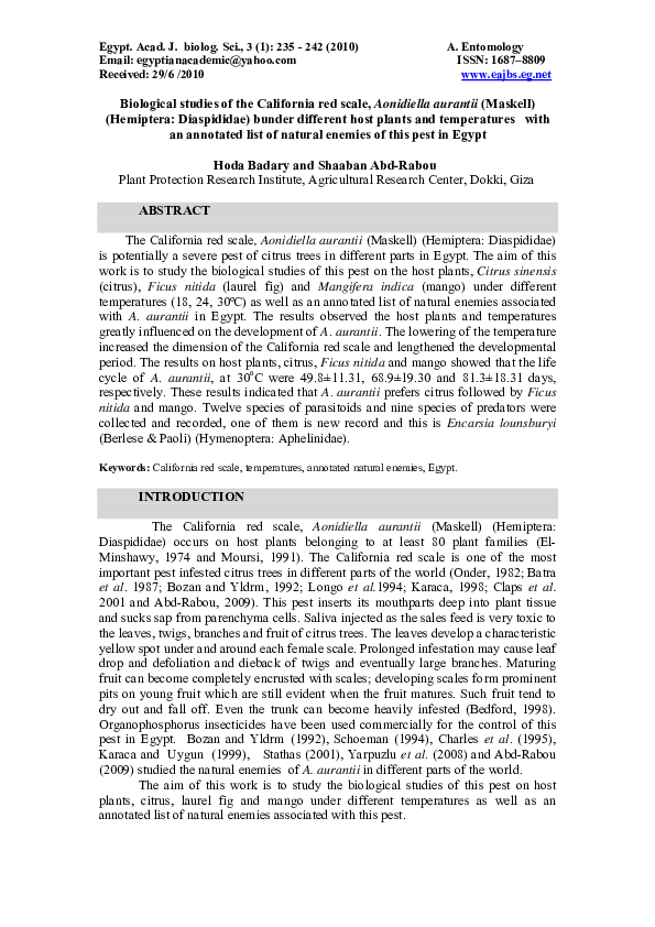 (PDF) Biological studies of the California red scale, Aonidiella ...