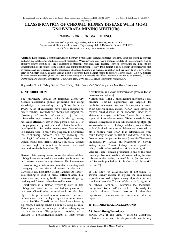 (PDF) CLASSIFICATION OF CHRONIC KIDNEY DISEASE WITH MOST KNOWN DATA ...